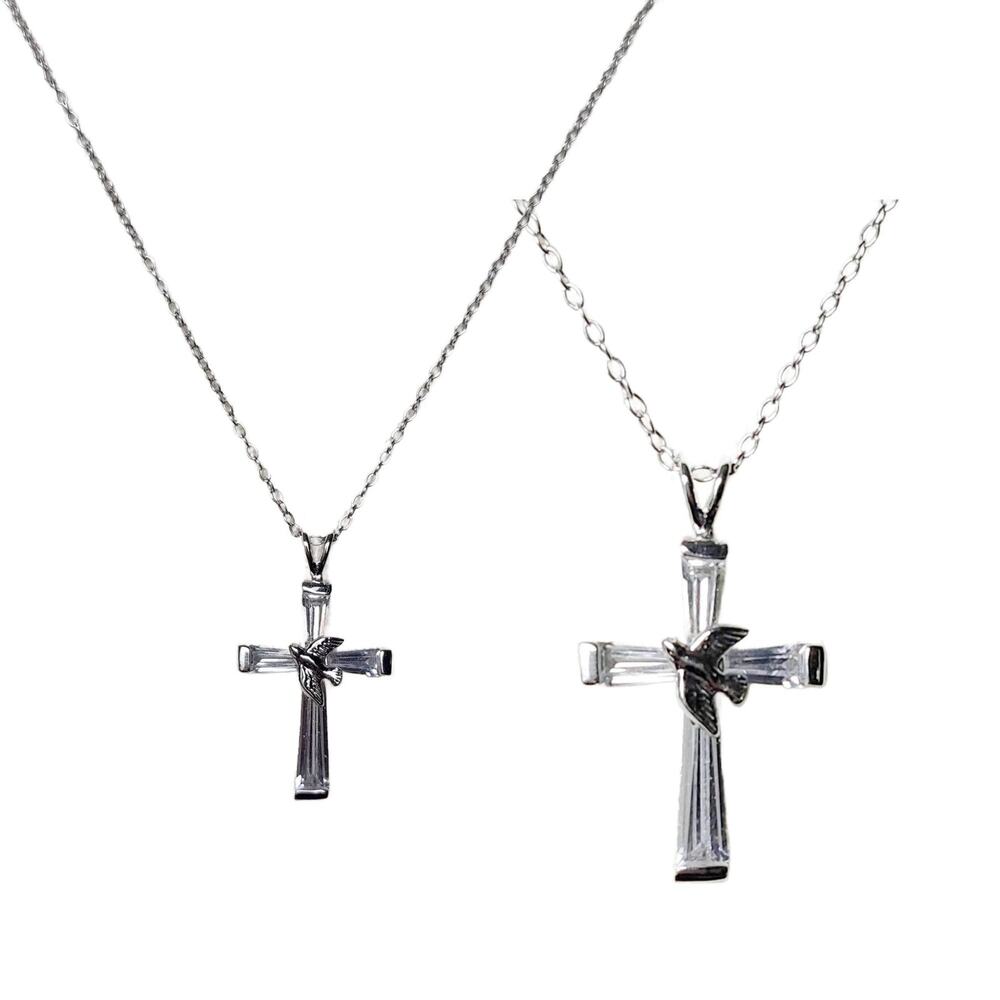 Vintage Sterling Silver Baguette Crystal Cross Dove Pendant Necklace, 925 Italy